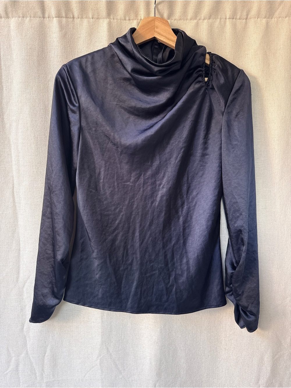Zara Navy Satin-Effect Long Sleeve Cowl Neck Top